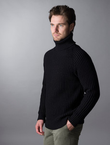 Fisherman's Merino Ribbed Turtleneck Sweater - Black