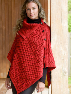 Ladies Merino Button Poncho - Red Marl