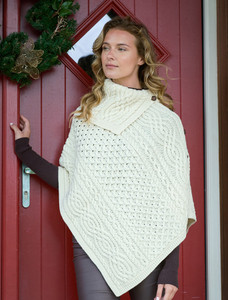 Ladies Merino Button Poncho - Natural White