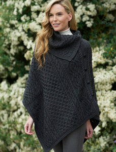 Ladies Merino Button Poncho - Charcoal