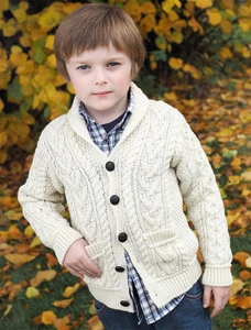 Kid's Shawl Neck Aran Cardigan - Natural White