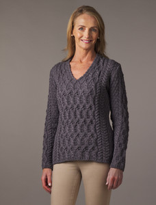 Lattice Cable V Neck Sweater - Steel Marl
