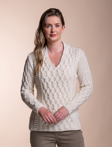 Lattice Cable V Neck Sweater - Natural White