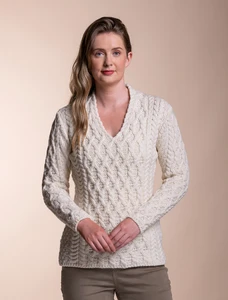 Lattice Cable V Neck Sweater - Natural White