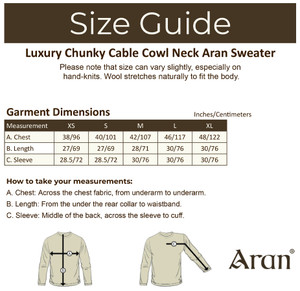 Luxury Chunky Cable Cowl Neck Aran Sweater - Size Guide