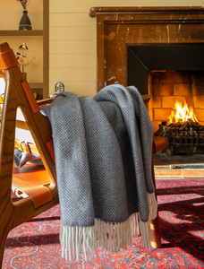 Merino Wool Cashmere Throw - Grey Herringbone 