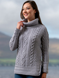 Aran Cowl Neck Tunic Sweater -Soft Grey