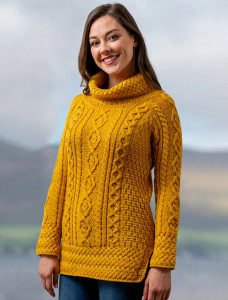 Aran Cowl Neck Tunic Sweater - Sunflower yellow