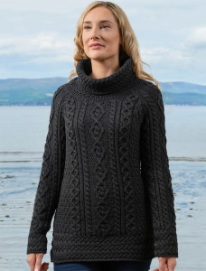 Aran Cowl Neck Tunic Sweater - Black