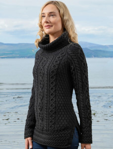 Aran Cowl Neck Tunic Sweater - Black