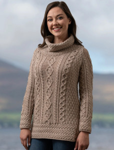 Aran Cowl Neck Tunic Sweater - Wicker
