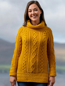 Aran Cowl Neck Tunic Sweater - Sunflower Yellow