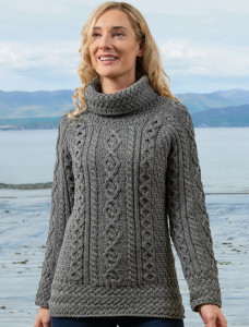 Aran Cowl Neck Tunic Sweater - Grey
