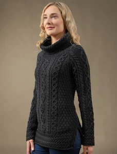 Aran Cowl Neck Tunic Sweater -Black