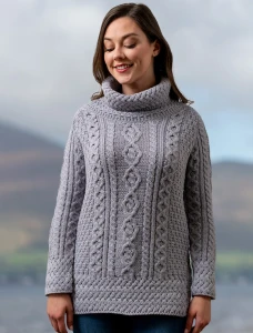 Aran Cowl Neck Tunic Sweater -Soft Grey