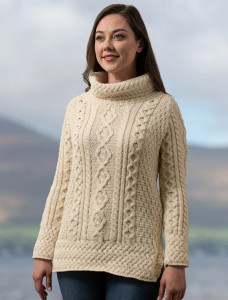 Aran Cowl Neck Tunic Sweater -Natural White