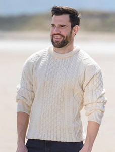 Men's Cable Knit Crew Neck Aran Wool Sweater - White