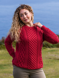 Heavyweight Merino Wool Aran Sweater - Red