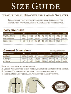 Size Guide for Women's Heavyweight Traditional Aran Wool Sweater