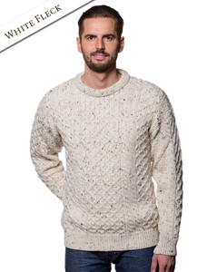 Mens Heavyweight Traditional Aran Wool Sweater - White Fleck