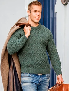Mens Traditional Aran Irish Wool Sweater - Moss