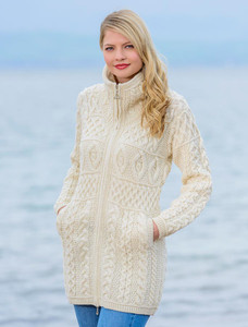 Double Collar Merino Aran Coat - White