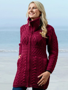 Double Collar Merino Aran Coat -Wine