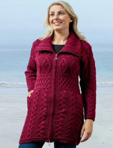 Double Collar Merino Aran Coat -Wine