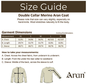 Double Collar Merino Aran Coat - Size Guide