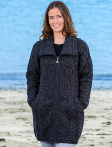 Double Collar Merino Aran Coat - Grey