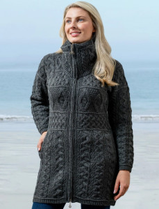 Double Collar Merino Aran Coat -Grey