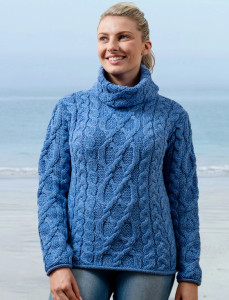 Womens Turtleneck Cable Knit Sweater -Wedge wood Blue