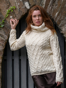 Womens Turtleneck Cable Knit Sweater -Natural White