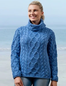 Womens Turtleneck Cable Knit Sweater -Wedgewood
