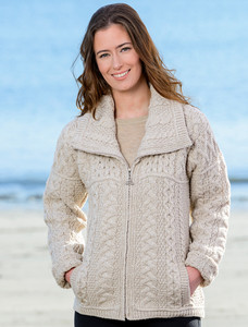 Double Collar Zip Merino Aran Cardigan - Parsnip