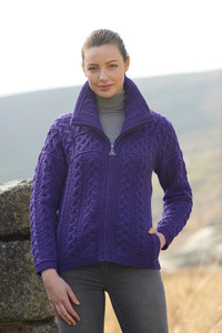Double Collar Zip Merino Aran Cardigan - Violet