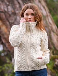 Double Collar Zip Merino Aran Cardigan - Natural White
