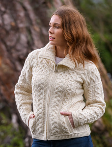 Double Collar Zip Merino Aran Cardigan - Natural White