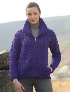 Double Collar Zip Merino Aran Cardigan - Purple