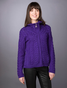 Double Collar Zip Merino Aran Cardigan -  Purple