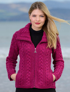 Double Collar Zip Merino Aran Cardigan - Raspberry