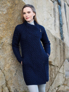 Cable Knit Coatigan with Celtic Knot Side Zip - Navy