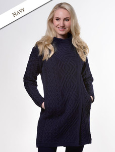 Cable Knit Coatigan with Celtic Knot Side Zip - Navy