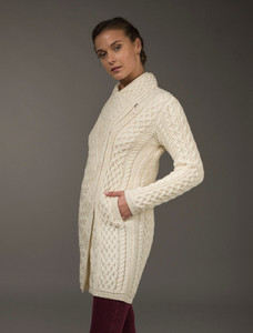 Cable Knit Coatigan with Celtic Knot Side Zip - White