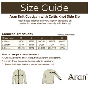 Cable Knit Jacket with Celtic Knot Side Zip - Size Guide