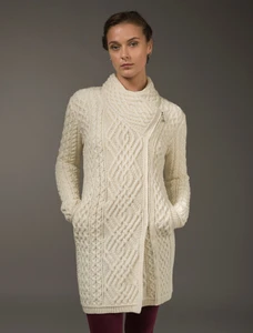 Cable Knit Coatigan with Celtic Knot Side Zip - White