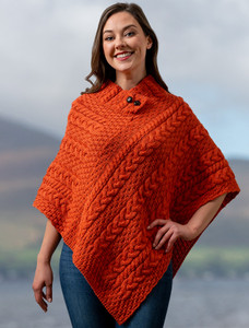 Cable Poncho with Aran Button Detail - Autumn Leaf