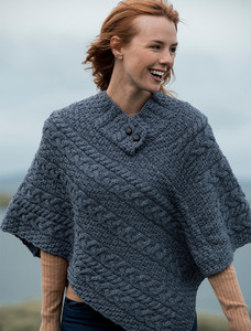 Cable Poncho with Aran Button Detail - Denim Marl
