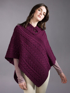 Cable Poncho with Aran Button Detail - Very Berry