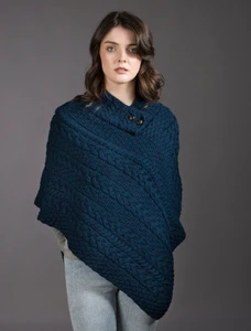 Cable Poncho with Aran Button Detail - Atlantic
